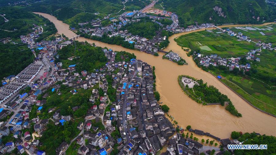 Water level rises after heavy rain in Biancheng Township of Huayuan County, central China's Hunan Province, June 23, 2017. Heavy rain has hit Xiangxi Tujia and Miao Autonomous Prefecture of Hunan since Thursday. [Photo: Xinhua/Long Enze]