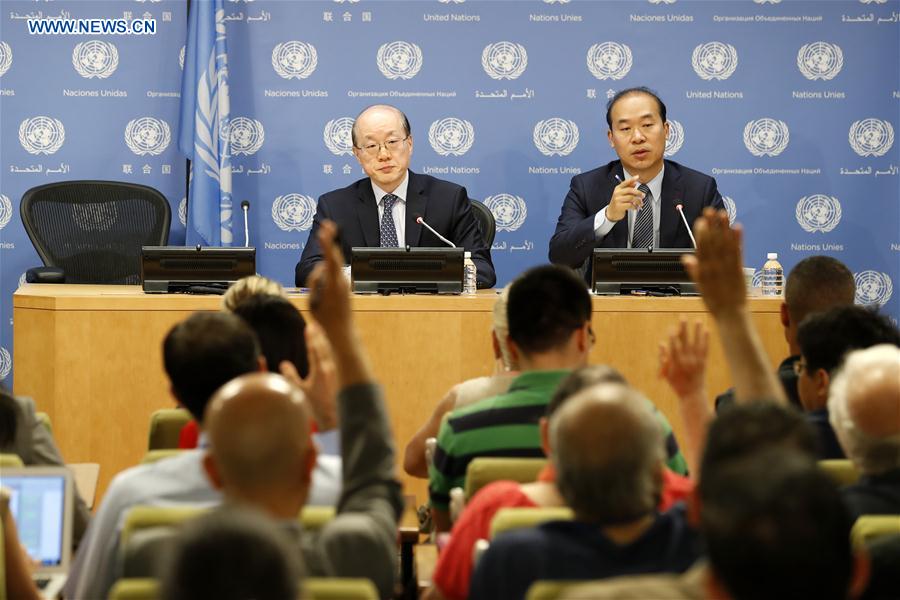Liu Jieyi (L), China's permanent representative to the United Nations and UN Security Council president for July, attends a press conference at the UN headquarters, July 4, 2017. Ambassador Liu Jieyi of China, UN Security Council president for July, said on Monday that issues of Syria, Yemen, South Sudan, Colombia, Haiti and Cyprus will be on the agenda of the 15-nation council in July. 