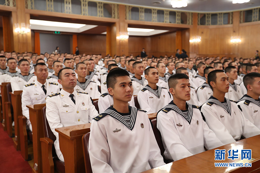 Chinese People's Liberation Army (PLA) Navy officers and soldiers attend the grand gathering in celebration of the 90th birthday of the PLA at the Great Hall of the People in Beijing on Tuesday, August 1, 2017. [Photo: Xinhua]