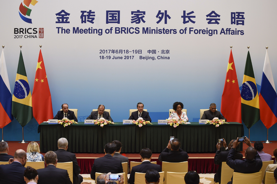 Brazil's Foreign Minister Aloysio Nunes, left, Russia's Foreign Minister Sergey Lavrov, second left, China's Foreign Minister Wang Yi, center, South Africa's Foreign Minister Maite Nkoana-Mashabane, second right, and Indian Minister of External Affairs Vijay Kumar Singh, right, attend a press conference during the BRICS Foreign Ministers meeting in Beijing Monday, June 19, 2017. [File Photo: AP/Wang Zhao]