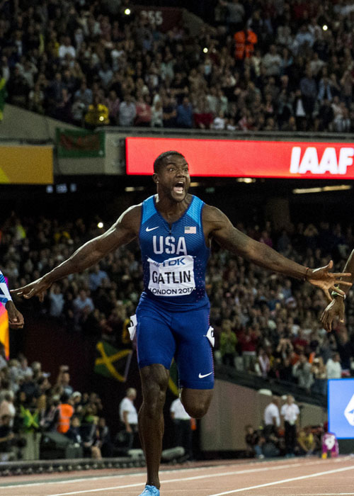 2005 world champion Justin Gatlin wins the men's 100 meters title at the World Athletics Championships in London on August 5, 2017. [Photo: Imagine China]
