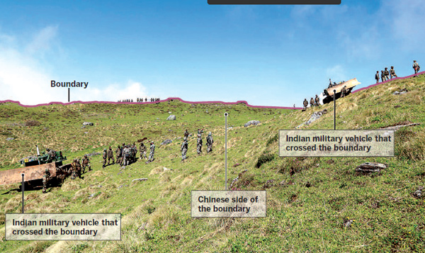 A Foreign Ministry photo released on Wednesday shows Indian troops encroaching on Chinese territory. Provided to China Daily
