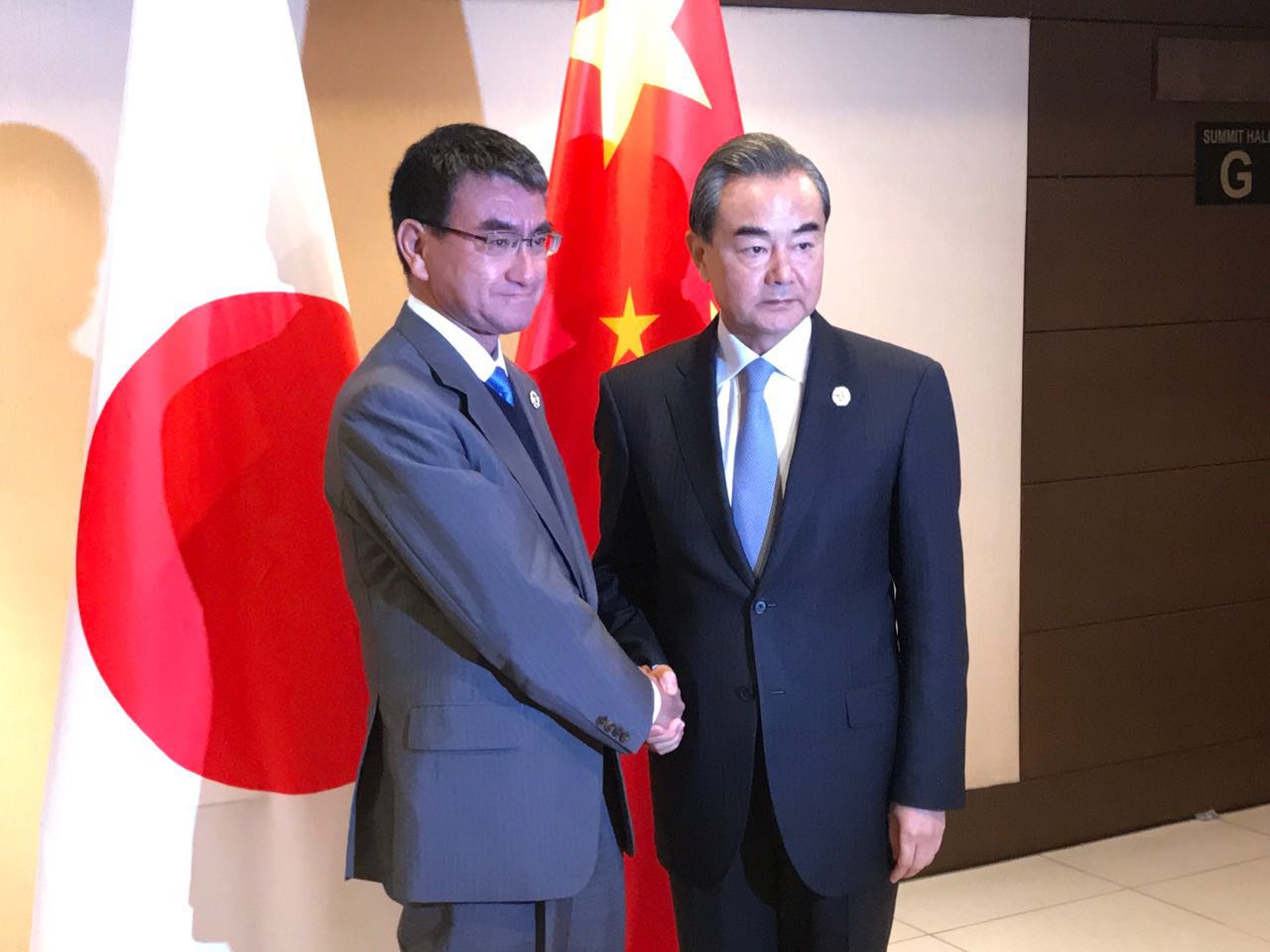 Chinese Foreign Minister Wang Yi on Monday met with his Japanese counterpart Taro Kono. [Photo: China Plus/Sun Muning]