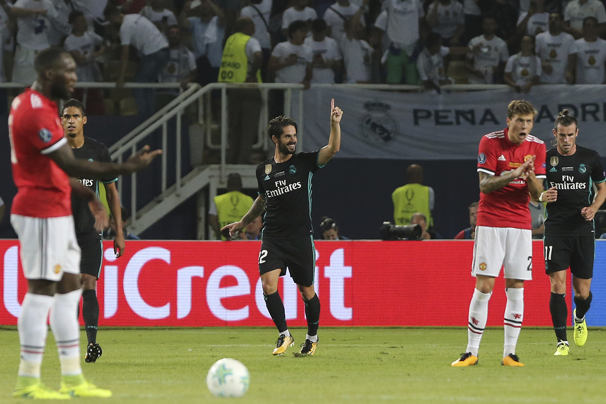 Real Madrid's Isco celebrates his goal against Manchester United during the UEFA Super Cup final soccer match between Real Madrid and Manchester United at Philip II Arena in Skopje, Tuesday, Aug. 8, 2017. [Photo: AP]