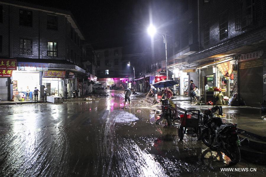 Flood-clogged street is seen in the photo taken in Zhangguying Town of Yueyang County in central China's Hunan Province Aug. 12, 2017. Heavy rain pounded parts of Hunan Province since Friday causing flood in the town.[Photo: Xinhua]