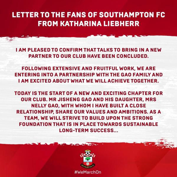 A letter to the fans of Southampton from Katharina Liebherr, the club's previous majority shareholder [Photo: thepaper.cn]
