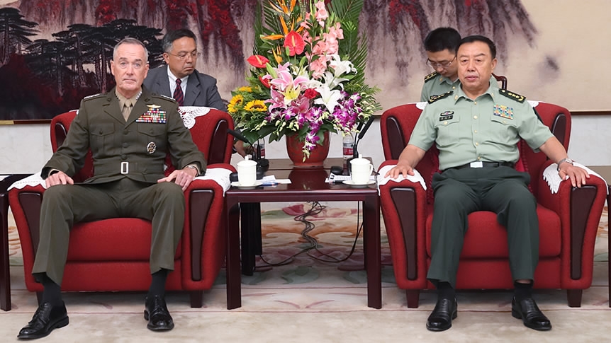 Fan Changlong, vice chairman of the Central Military Commission, meets with visiting Gen. Joseph Dunford in Beijing on Thursday. [Photo: CGTN]