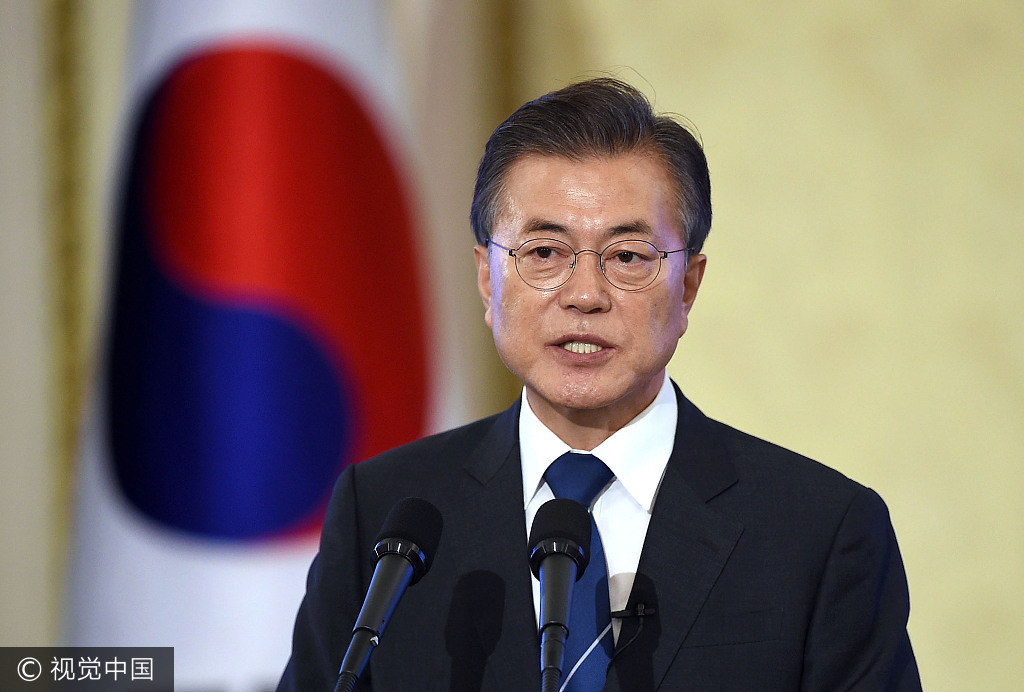 South Korean President Moon Jae-in speaks in a nationally televised press conference to mark 100 days in office on Thursday, August 17, 2017. [Photo: VCG]